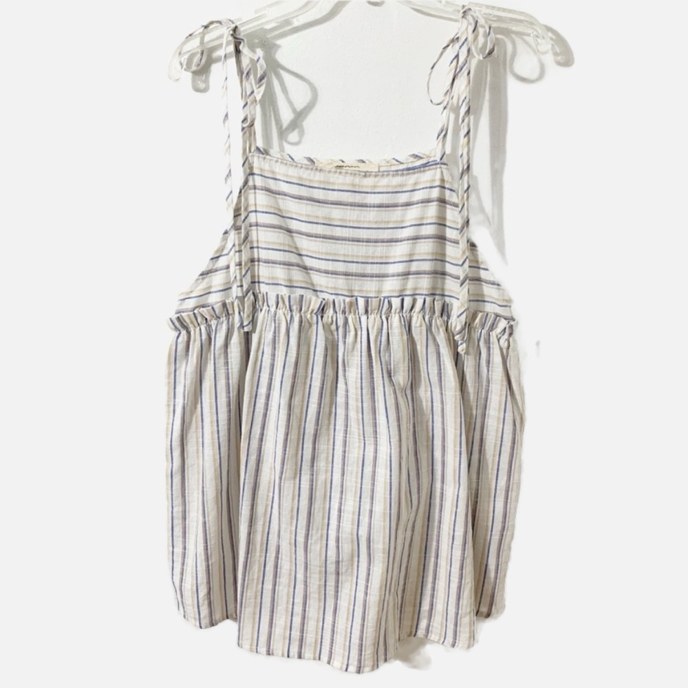 Sweet Wanderer Striped Cotton Self Tie Strap Skirted Ruffle Hem Top Blue / White